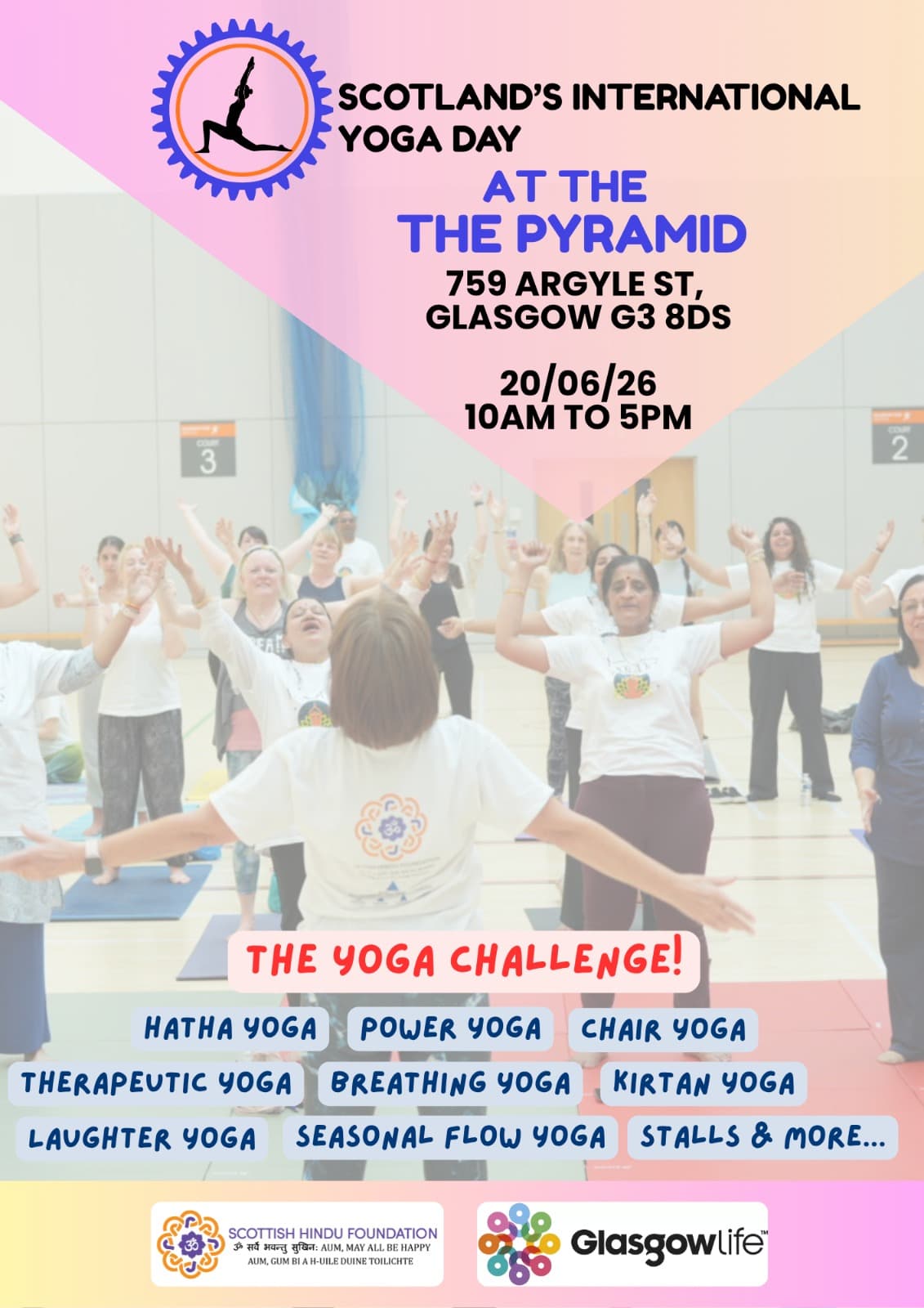 Scotland's International Yoga Day 2026 — event poster at The Pyramid, Glasgow, and nationwide celebration.